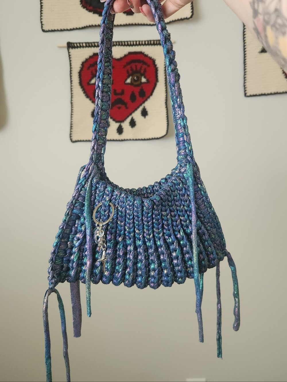 Crochet Handmade Shiny Shoulder Bag With Celestial Charm